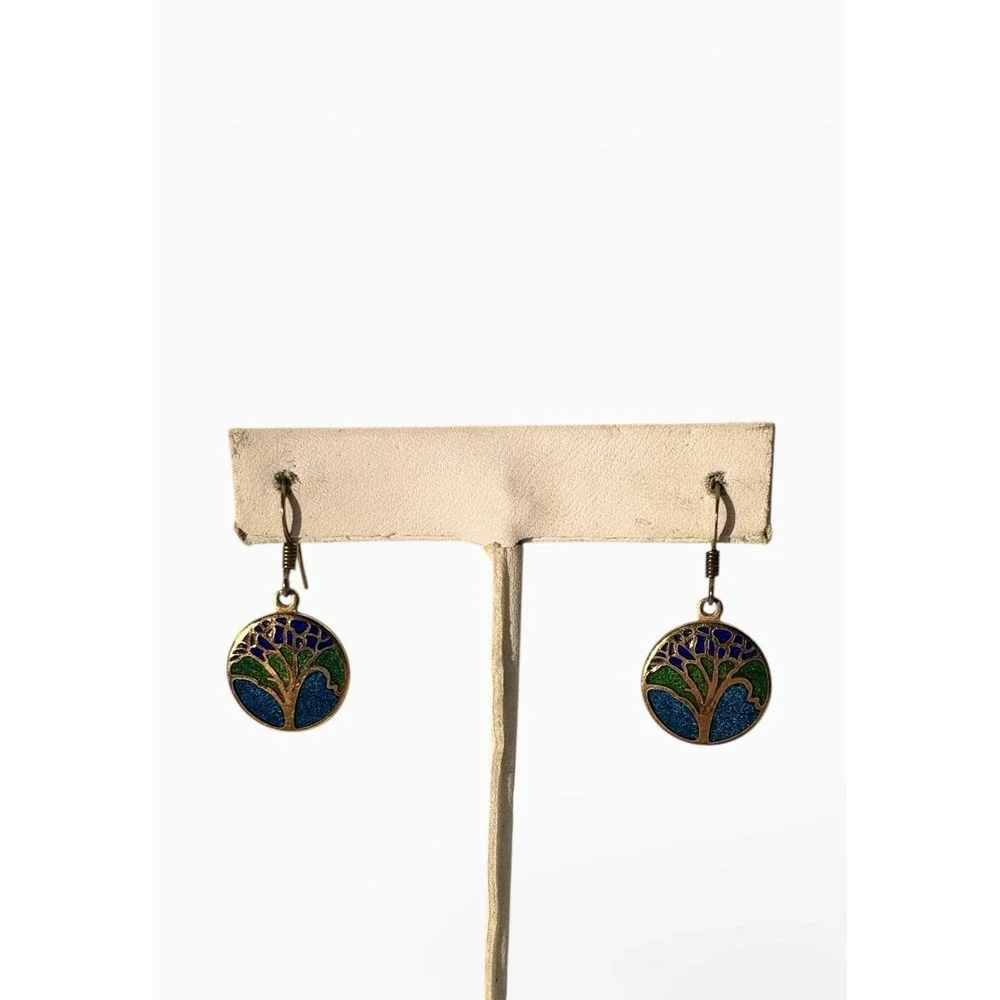 Vintage Cloisonne Enamel Gold Tone Tree of Life Pierced Dangle Earrings‎